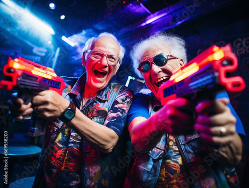 A Photo of Elderly Friends Having a Blast While Playing Laser Tag photo