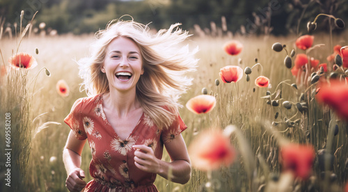 primo piano di giovane donna in abito estivo che corre sorridente in un campo con erbe e fiori, luce naturale photo