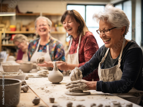 A Photo of Older Women at a Pottery Class Laughing and Molding Clay Together photo