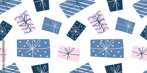 Christmas seamless pattern with gift boxes. Modern Xmas design with gifts in blue and pink colors in naive style. Stylish festive ornate seamless pattern