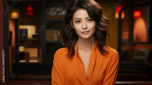 Beautiful Asian businesswoman in orange dress standing indoors with copy space.
