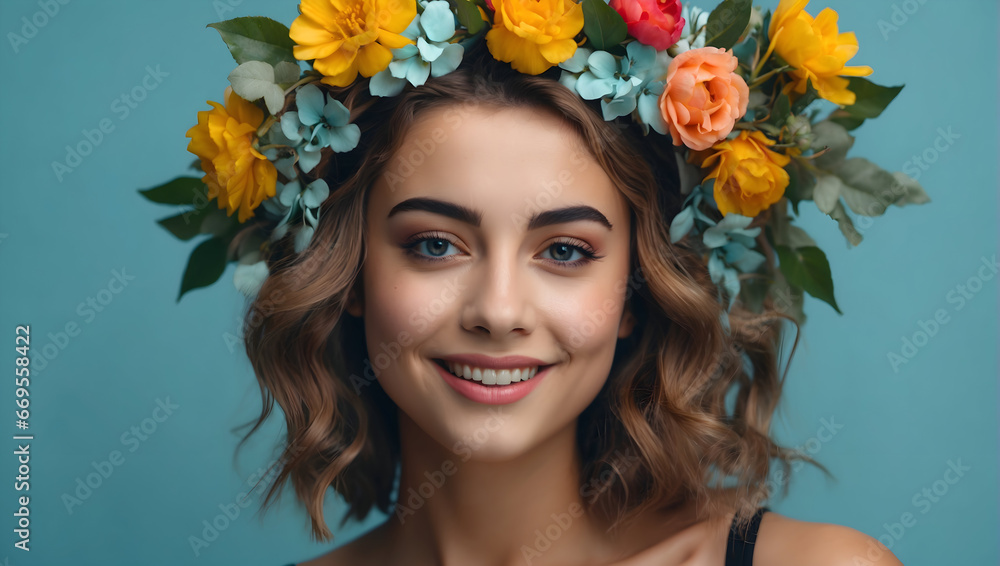 portrait of a young cheerful woman with a hairstyle decorated with a flower wreath on her head on a background,generative ai
