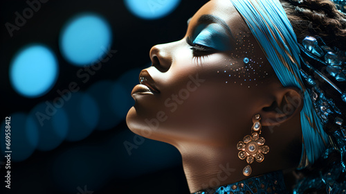 African beauty. Beautiful African woman with bright makeup in a blue headscarf and necklace with closed eyes, standing on a black and blue background with copy space