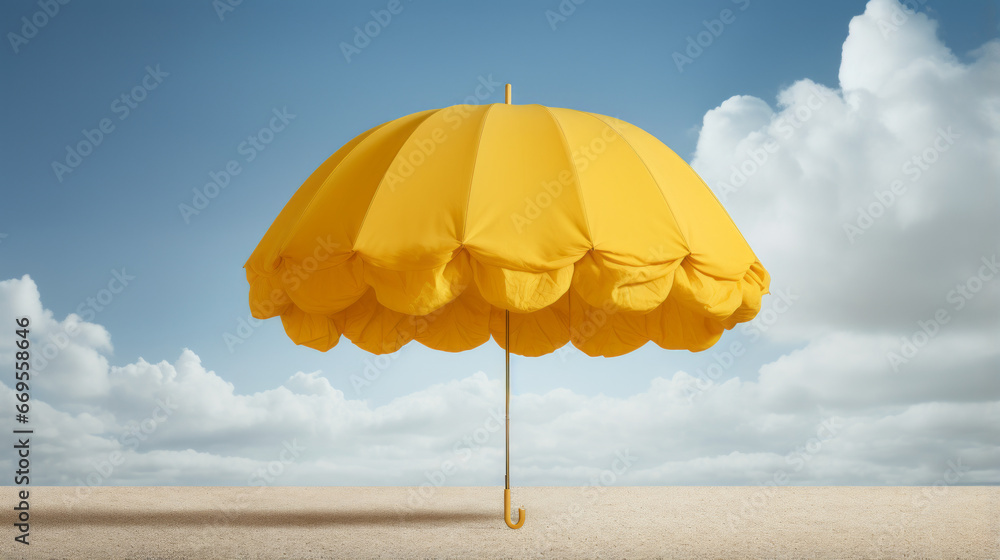 A single umbrella stands against a cloud-filled sky, its bright yellow fabric standing out against the dull, grey backdrop
