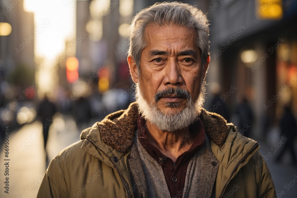 serious bearded senior ethnic Asian male in casual jacket standing on blurred city street. ai generative serious bearded senior ethnic Asian male in casual jacket standing on blurred city street. ai generative