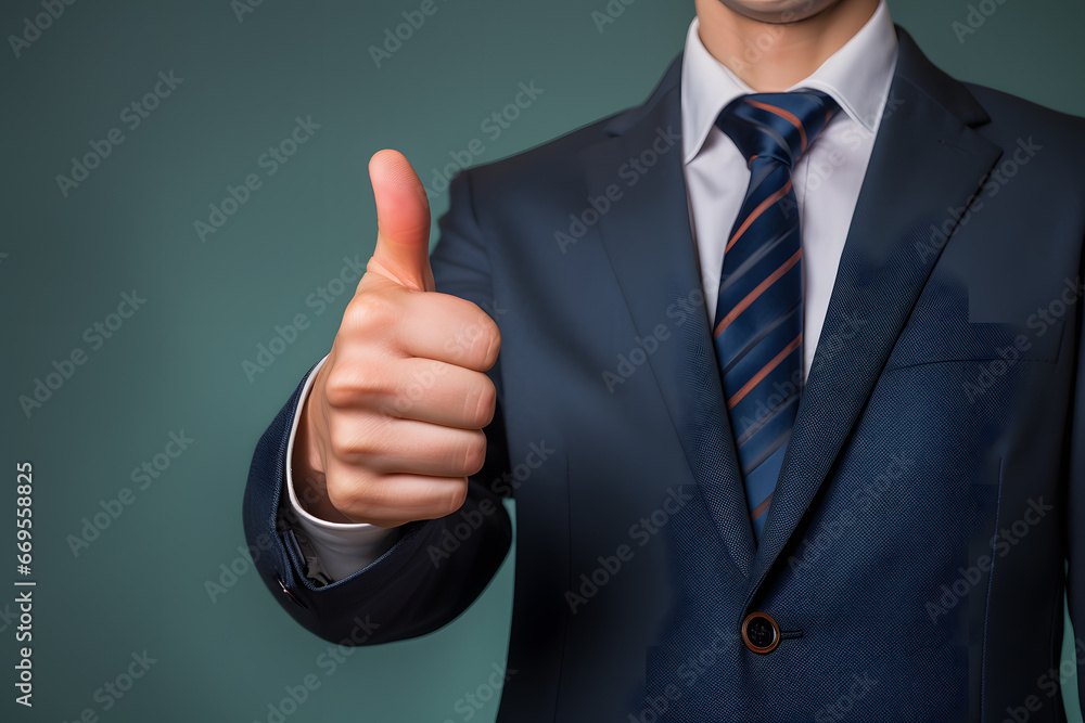 Close up of hand of business man in suit showing thumbs up in front of green studio background Close up of hand of business man in suit showing thumbs up in front of green studio background