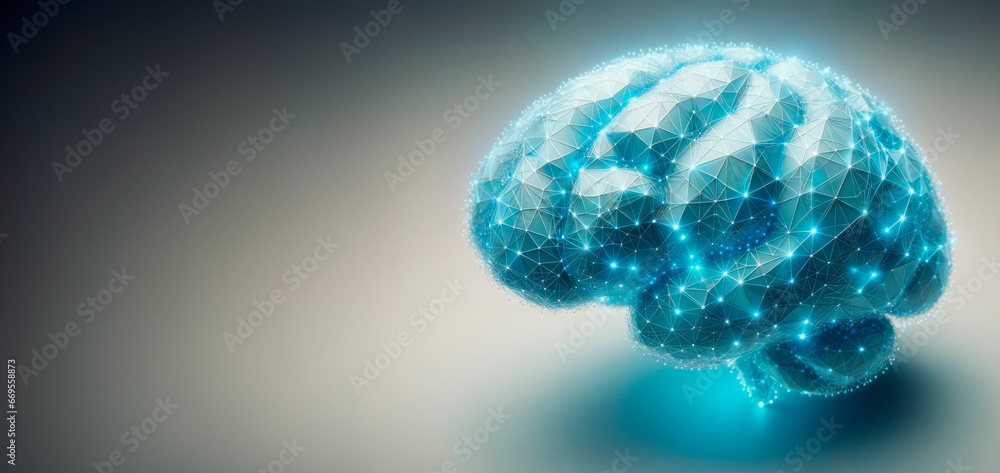 Low poly human brain on a blue background. Machine learning concept. Generative AI Low poly human brain on a blue background. Machine learning concept. Generative AI