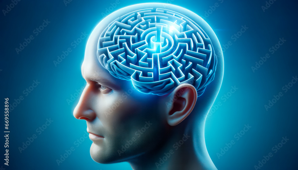 human head with brain and maze over blue background. Generative AI human head with brain and maze over blue background. Generative AI