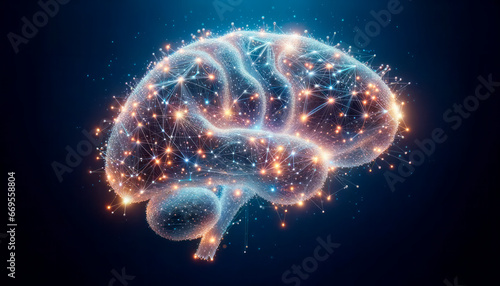 Human brain with glowing particles. Artificial intelligence concept. Generative AI