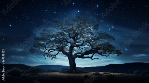 A single tree stands silhouetted against the night sky © Textures & Patterns