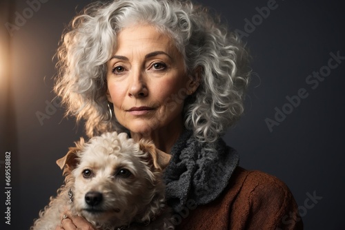 Studio portrait of stylish quirky senior woman with grey hair and her poodle dog. ai generative