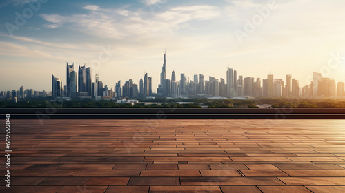 photo taken of the floor with the skyline at sunrise in the background