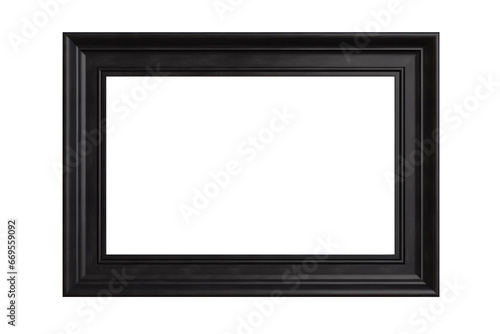 Black rectangular, horizontal, wooden, empty, shadowless frame on transparent background