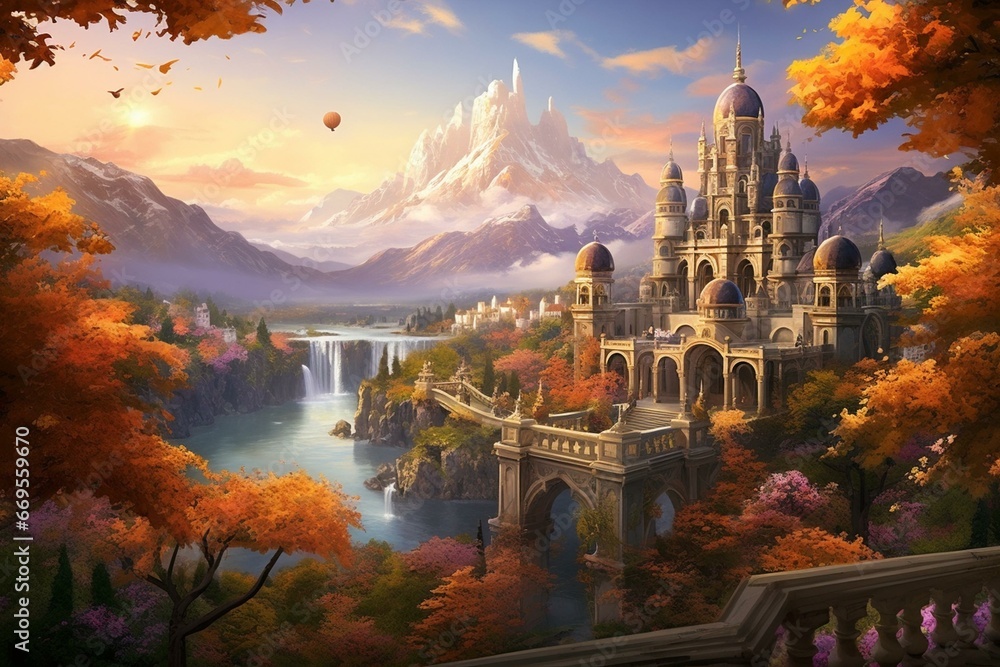 Landscape showcasing vibrant orange trees, majestic palace, and scenic mountains. Generative AI