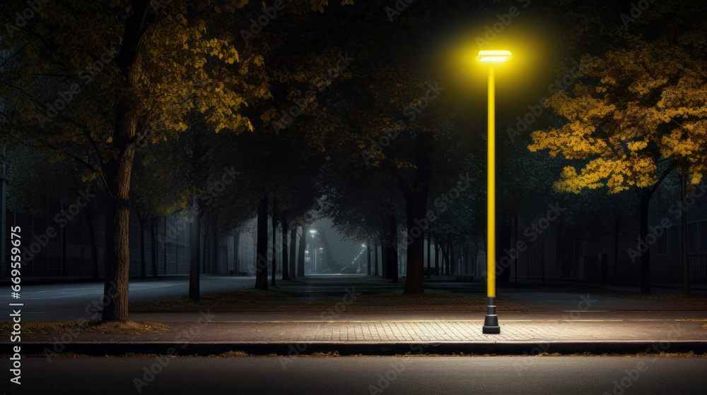 A single streetlight illuminates the empty street, its yellow glow the only sign of life