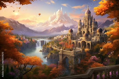 Landscape showcasing vibrant orange trees, majestic palace, and scenic mountains. Generative AI © Natalya