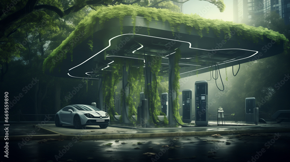 Obraz premium Electric car charging station. Sustainable Transportation and Charging Solutions for a Greener World, Sustainable development and responsible environmental, Energy sources renewable, Ecology concept.