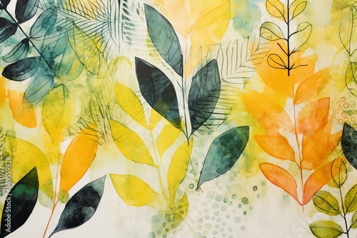 Original monoprint featuring abstract leaves and plants printed on paper with watercolors. Generative AI