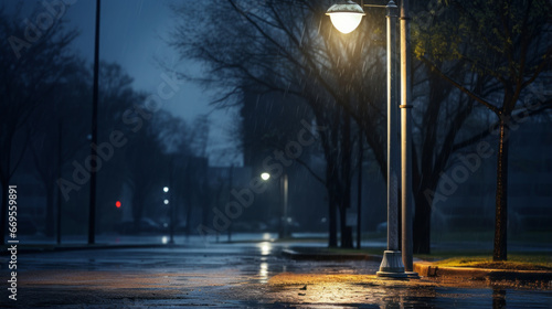 A single streetlight illuminates the empty street, its yellow glow the only sign of life