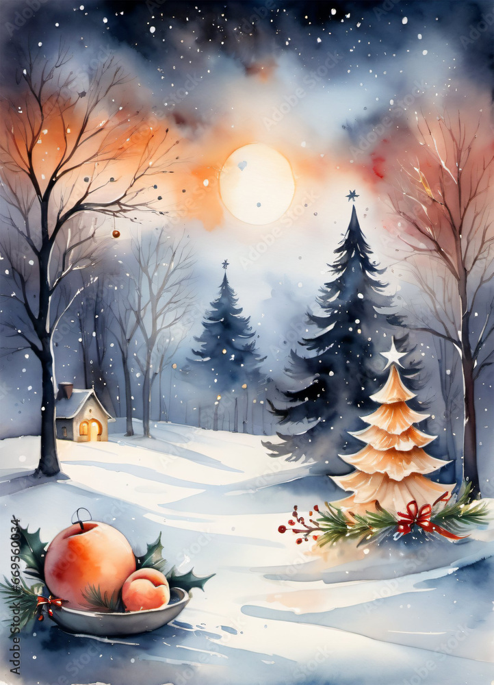 Fototapeta premium Watercolor Christmas winter illustration greetings card background