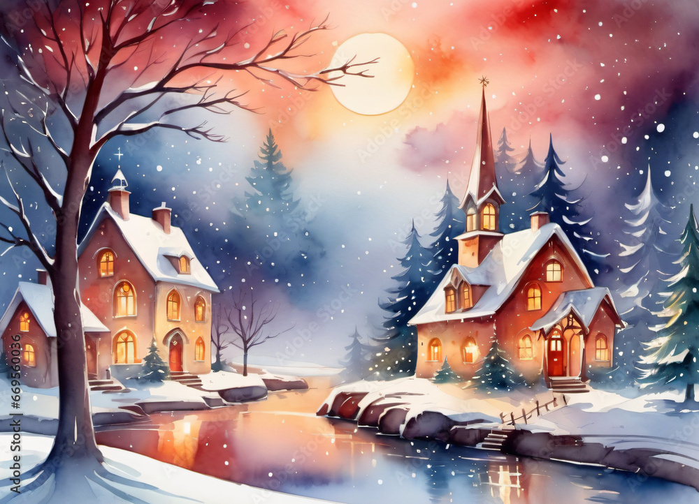 Fototapeta premium Watercolor Christmas winter illustration greetings card background
