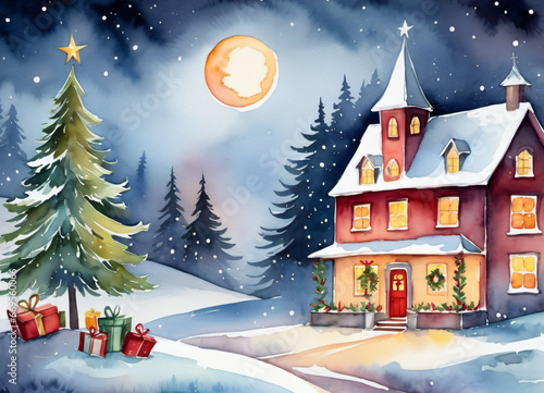 Watercolor Christmas winter illustration greetings card background