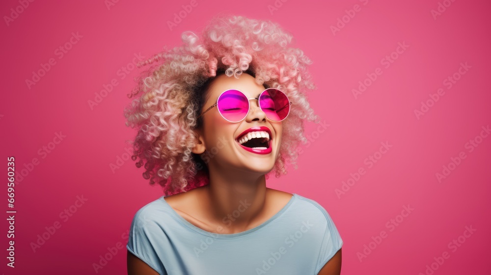 Beauty African American girl with afro blond hair laughing, happy and funny woman laughing wearing colorful fashion glasses, Generative AI Beauty African American girl with afro blond hair laughing, happy and funny woman laughing wearing colorful fashion glasses, Generative AI