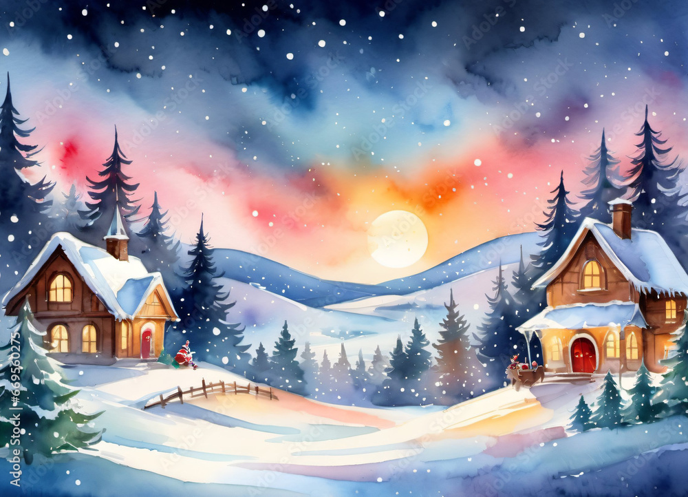 Watercolor Christmas winter illustration greetings card background