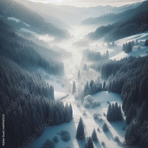 A breathtaking aerial shot of a snowy valley, with a soft mist gently rising ...