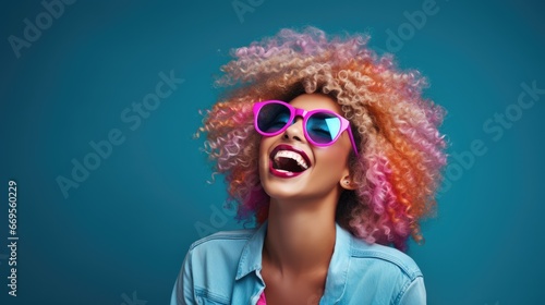 Beauty African American girl with afro blond hair laughing, happy and funny woman laughing wearing colorful fashion glasses, Generative AI photo