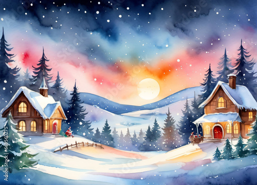 Watercolor Christmas winter illustration greetings card background © Alchemysteria