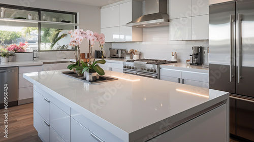 A modern, minimalist kitchen with sleek white countertops and stainless steel appliances © Milan