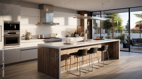 A modern, minimalist kitchen with sleek white countertops and stainless steel appliances