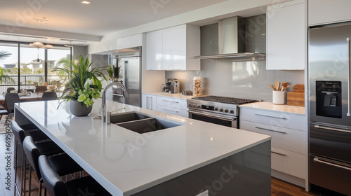 A modern  minimalist kitchen with sleek white countertops and stainless steel appliances