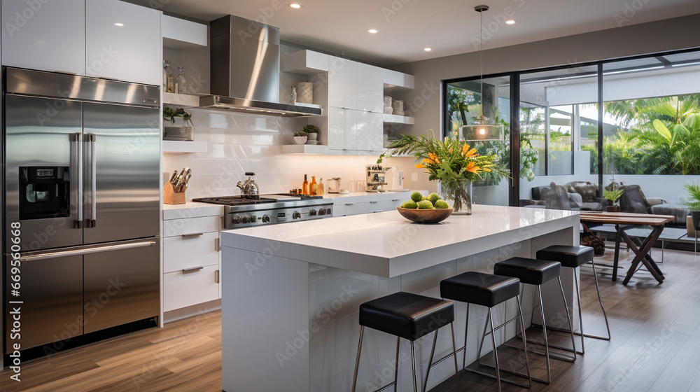 A modern, minimalist kitchen with sleek white countertops and stainless steel appliances A modern, minimalist kitchen with sleek white countertops and stainless steel appliances