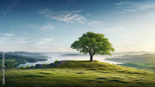 A single  solitary tree stands on a grassy hill  overlooking a river winding its way through a valley