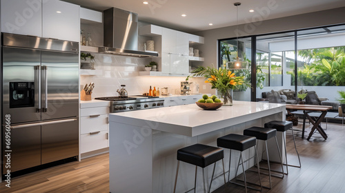 A modern, minimalist kitchen with sleek white countertops and stainless steel appliances © Milan