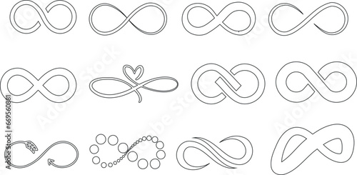 Infinity, line, vector, illustration, set, black and white, abstract, modern, logo, branding, design projects, simple, clean, complex, endless loop, infinite knot, icon, symbol, style variation, monoc