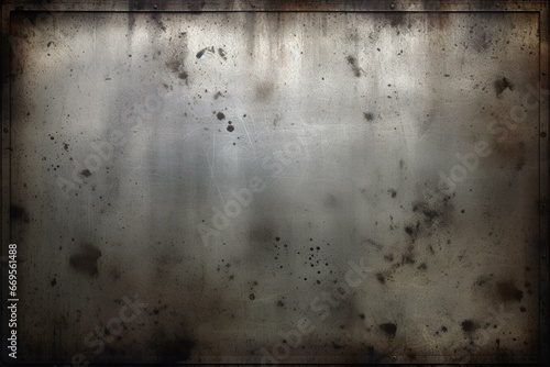 Aged metallic background with reflective surface and distressed vintage stains, featuring a scratched grey plate design. Generative AI photo