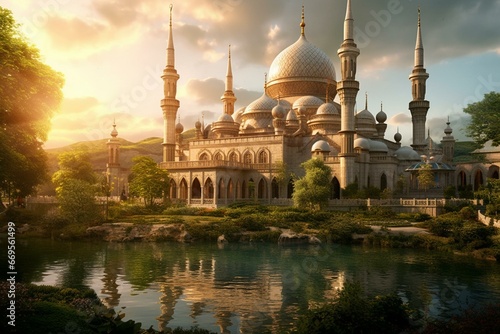 The mosque during golden hour with beautiful green scenery. Generative AI