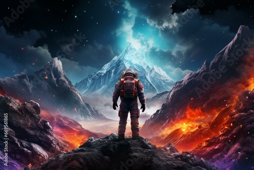 Astronaut explores space amidst stunning backdrop of mountain landscape, spaceship, and vibrant nebula. Generative AI photo