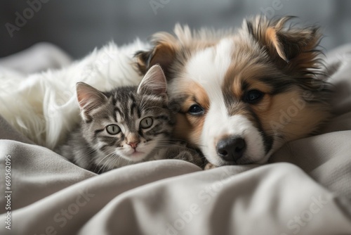 A young puppy cuddles a kitten as they sleep beneath a cozy white blanket on a home bed. Generative AI