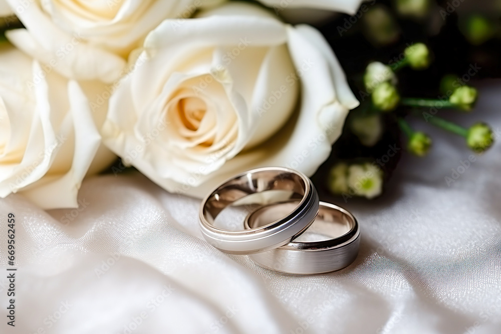 wedding rings and bouquet of white roses, two rings close up wedding rings and bouquet of white roses, two rings close up