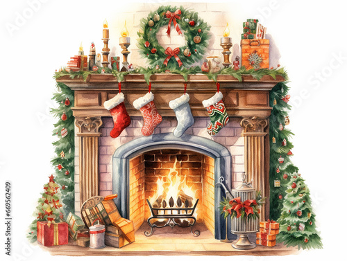 Cozy Watercolor Fireplace Illustration on white