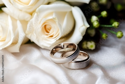 wedding rings and bouquet of white roses, two rings close up