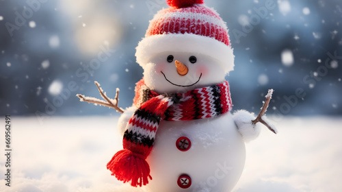 An High-Definition Capture of an Happy and Smiling Snowman in the Winter wearing a Coloured Scarf. 4K