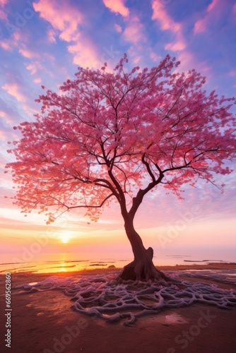 Pink sakura Tree on sunset. AI Generated