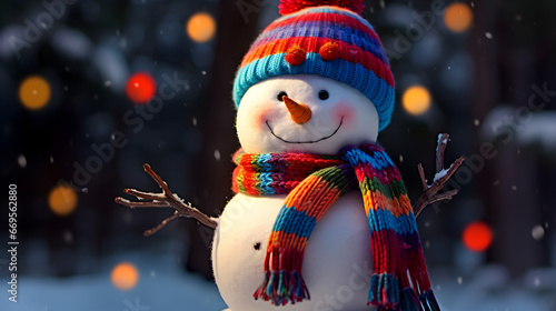An High-Definition Capture of an Happy and Smiling Snowman in the Winter wearing a Coloured Scarf. 4K