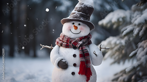 An High-Definition Capture of an Happy and Smiling Snowman in the Winter wearing a Coloured Scarf. 4K