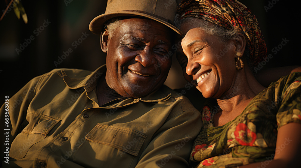 Happy african couple having tender moment outdoors at summer sunset.